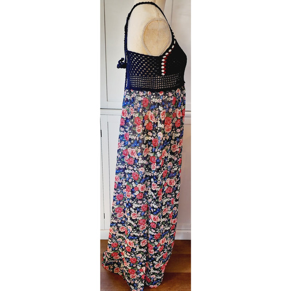 Forever 21 Crochet top Floral Maxi Semi Sheer Beach Cover up Dress OX - Picture 3 of 7